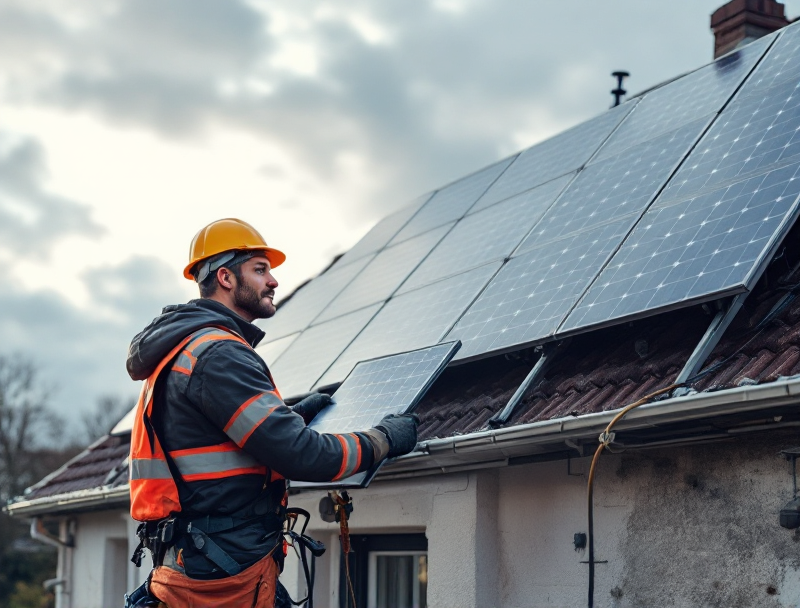 Description détaillée de l'image : Un installateur devant des panneaux photovoltaïques sous un ciel nuageux typique de Normandie, montrant les progrès de l'énergie renouvelable dans la région.